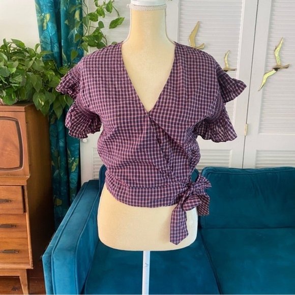 Flutter Sleeve Side Tie Wrap Top Plaid Small New Cotton Smocked Fall - Picture 2 of 6